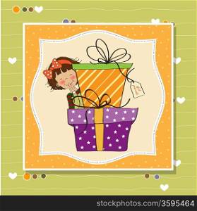 cute little girl hidden behind boxes of gifts. happy birthday greeting card
