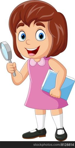 Cute little girl holding a book and magnifying glass
