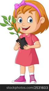 Cute little girl holding plants in pot