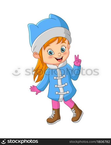 Cute little girl in winter clothes with peace hand sign