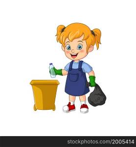 Cute little girl throwing plastic bottle into trash bin