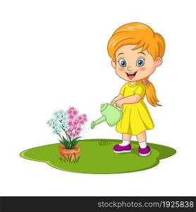 Cute little girl watering flowers