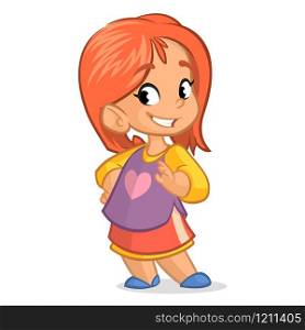 Cute little girl with red hair; vector cartoon style character in a shirt skirt. Cartoon cute little girl