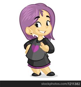 Cute little girl with violet hair dressed in black standing and smiling. Vector cartoon kid character. Cartoon cute little girl