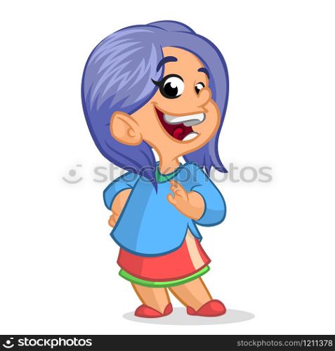 Cute little girl with violet hair smiling; vector cartoon style character. Cartoon cute little girl