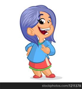 Cute little girl with violet hair smiling; vector cartoon style character. Cartoon cute little girl