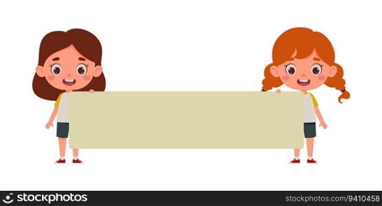 Cute little girls holding an empty banner with place for your text. Template for children design. Cartoon schoolchildren character. Vector illustration.