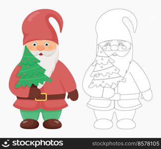 Cute little gnome with a christmas tree in his hands. Christmas and New Year character. Gnome in color and outline.. Cute little gnome with a christmas tree in his hands. Christmas and New Year character. Gnome in color and outline
