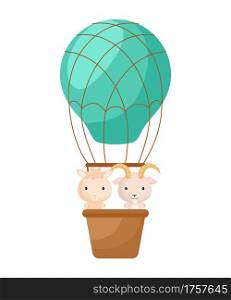 Cute little goat, alpaca fly on green hot air balloon. Cartoon character for childrens book, album, baby shower, greeting card, party invitation, house interior. Vector stock illustration.