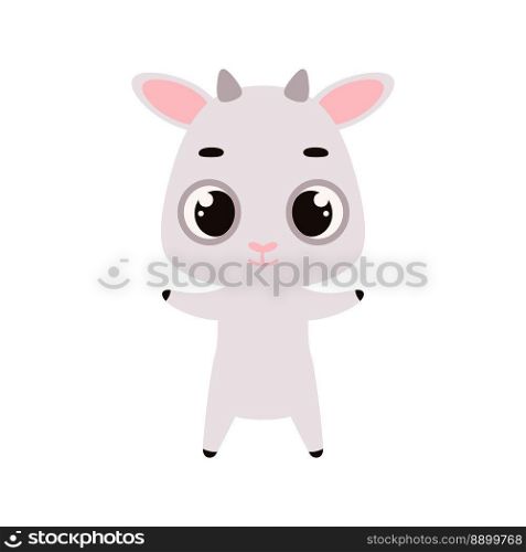 Cute little goat on white background. Cartoon animal character for kids cards, baby shower, invitation, poster, t-shirt composition, house interior. Vector stock illustration