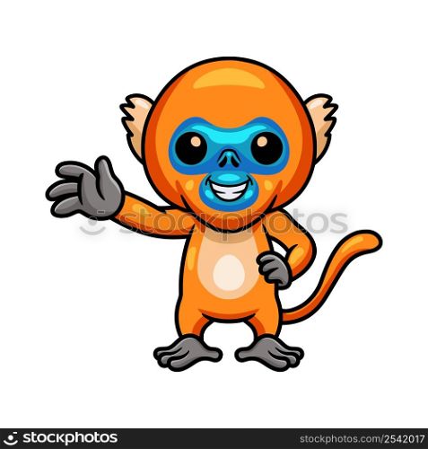 Cute little golden monkey cartoon waving hand