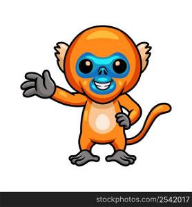 Cute little golden monkey cartoon waving hand