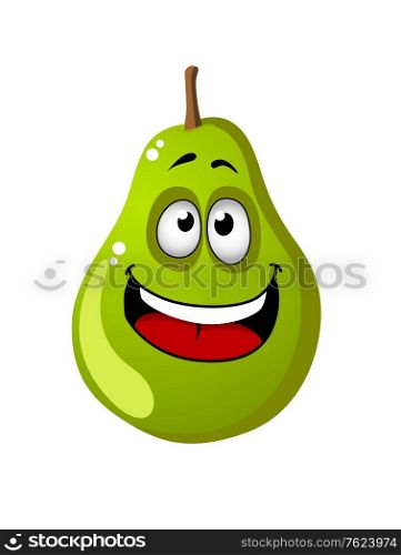 Cute little green cartoon pear with a big toothy smile isolated on white for health food concept. Laughing cartoon pear