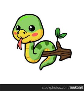 Cute little green snake cartoon on tree branch