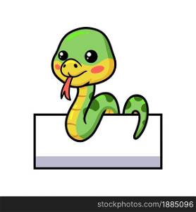 Cute little green snake cartoon with blank sign
