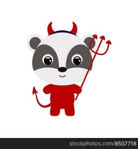 Cute little Halloween badger in a devil costume. Cartoon animal character for kids t-shirts, nursery decoration, baby shower, greeting card, invitation, house interior. Vector stock illustration