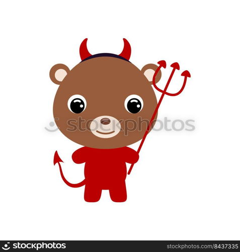 Cute little Halloween bear in a devil costume. Cartoon animal character for kids t-shirts, nursery decoration, baby shower, greeting card, invitation, house interior. Vector stock illustration