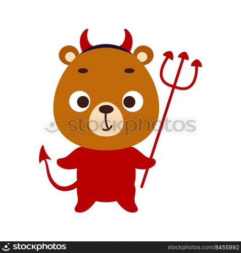 Cute little Halloween bear in a devil costume. Cartoon animal character for kids t-shirts, nursery decoration, baby shower, greeting card, invitation, house interior. Vector stock illustration