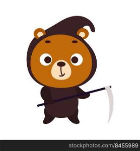 Cute little Halloween bear in a grim Reaper costume. Cartoon animal character for kids t-shirts, nursery decoration, baby shower, greeting card, invitation, house interior. Vector stock illustration