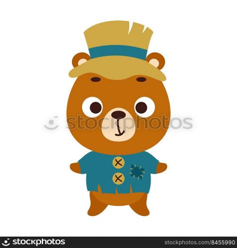 Cute little Halloween bear in a scarecrow costume. Cartoon animal character for kids t-shirts, nursery decoration, baby shower, greeting card, invitation, house interior. Vector stock illustration