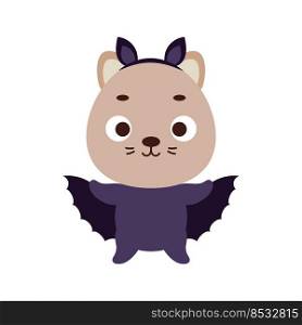 Cute little Halloween cat in a bat costume. Cartoon animal character for kids t-shirts, nursery decoration, baby shower, greeting card, invitation, house interior. Vector stock illustration