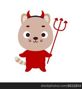 Cute little Halloween cat in a devil costume. Cartoon animal character for kids t-shirts, nursery decoration, baby shower, greeting card, invitation, house interior. Vector stock illustration