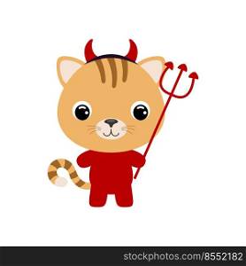 Cute little Halloween cat in a devil costume. Cartoon animal character for kids t-shirts, nursery decoration, baby shower, greeting card, invitation, house interior. Vector stock illustration