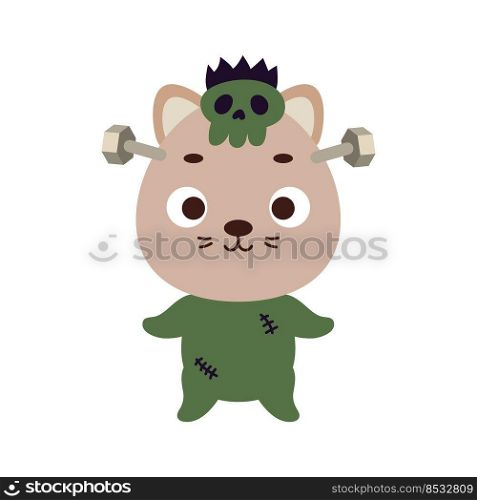 Cute little Halloween cat in a Frankenstein costume. Cartoon animal character for kids t-shirts, nursery decoration, baby shower, greeting card, invitation. Vector stock illustration