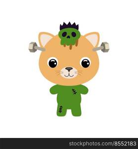 Cute little Halloween cat in a Frankenstein costume. Cartoon animal character for kids t-shirts, nursery decoration, baby shower, greeting card, invitation. Vector stock illustration