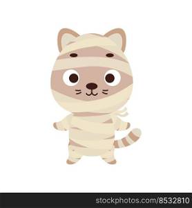 Cute little Halloween cat in a mummy costume. Cartoon animal character for kids t-shirts, nursery decoration, baby shower, greeting card, invitation, house interior. Vector stock illustration