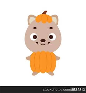 Cute little Halloween cat in a pumpkin costume. Cartoon animal character for kids t-shirts, nursery decoration, baby shower, greeting card, invitation, house interior. Vector stock illustration