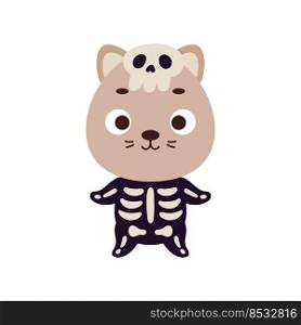 Cute little Halloween cat in a skeleton costume. Cartoon animal character for kids t-shirts, nursery decoration, baby shower, greeting card, invitation, house interior. Vector stock illustration