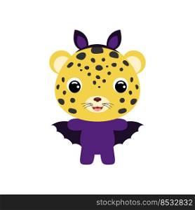 Cute little Halloween cheetah in a bat costume. Cartoon animal character for kids t-shirts, nursery decoration, baby shower, greeting card, invitation, house interior. Vector stock illustration