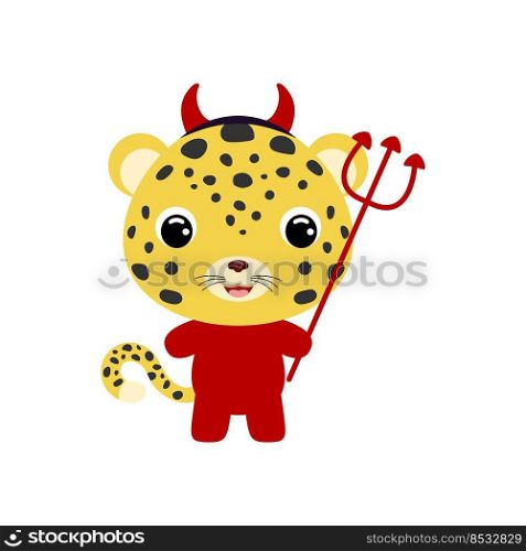 Cute little Halloween cheetah in a devil costume. Cartoon animal character for kids t-shirts, nursery decoration, baby shower, greeting card, invitation, house interior. Vector stock illustration