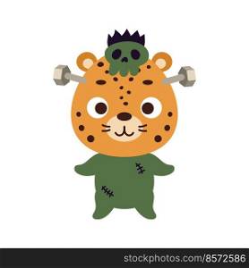 Cute little Halloween cheetah in a Frankenstein costume. Cartoon animal character for kids t-shirts, nursery decoration, baby shower, greeting card, invitation. Vector stock illustration