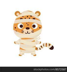 Cute little Halloween cheetah in a mummy costume. Cartoon animal character for kids t-shirts, nursery decoration, baby shower, greeting card, invitation, house interior. Vector stock illustration