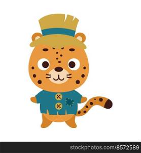 Cute little Halloween cheetah in a scarecrow costume. Cartoon animal character for kids t-shirts, nursery decoration, baby shower, greeting card, invitation, house interior. Vector stock illustration