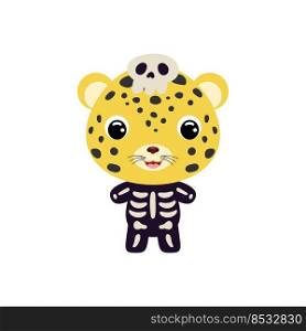 Cute little Halloween cheetah in a skeleton costume. Cartoon animal character for kids t-shirts, nursery decoration, baby shower, greeting card, invitation, house interior. Vector stock illustration