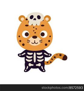 Cute little Halloween cheetah in a skeleton costume. Cartoon animal character for kids t-shirts, nursery decoration, baby shower, greeting card, invitation, house interior. Vector stock illustration