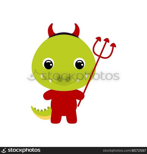 Cute little Halloween crocodile in a devil costume. Cartoon animal character for kids t-shirts, nursery decoration, baby shower, greeting card, invitation, house interior. Vector stock illustration