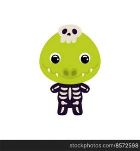 Cute little Halloween crocodile in a skeleton costume. Cartoon animal character for kids t-shirts, nursery decoration, baby shower, greeting card, invitation, house interior. Vector stock illustration