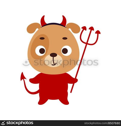 Cute little Halloween dog in a devil costume. Cartoon animal character for kids t-shirts, nursery decoration, baby shower, greeting card, invitation, house interior. Vector stock illustration