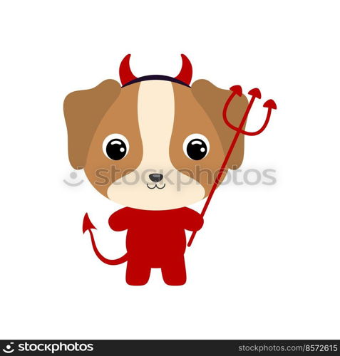 Cute little Halloween dog in a devil costume. Cartoon animal character for kids t-shirts, nursery decoration, baby shower, greeting card, invitation, house interior. Vector stock illustration