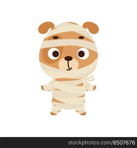 Cute little Halloween dog in a mummy costume. Cartoon animal character for kids t-shirts, nursery decoration, baby shower, greeting card, invitation, house interior. Vector stock illustration