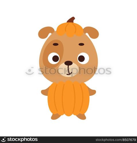 Cute little Halloween dog in a pumpkin costume. Cartoon animal character for kids t-shirts, nursery decoration, baby shower, greeting card, invitation, house interior. Vector stock illustration