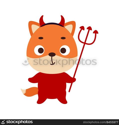 Cute little Halloween fox in a devil costume. Cartoon animal character for kids t-shirts, nursery decoration, baby shower, greeting card, invitation, house interior. Vector stock illustration