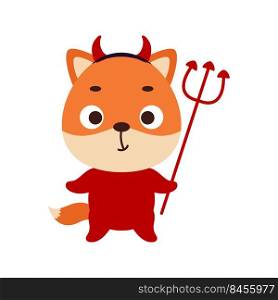 Cute little Halloween fox in a devil costume. Cartoon animal character for kids t-shirts, nursery decoration, baby shower, greeting card, invitation, house interior. Vector stock illustration
