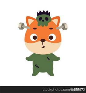 Cute little Halloween fox in a Frankenstein costume. Cartoon animal character for kids t-shirts, nursery decoration, baby shower, greeting card, invitation. Vector stock illustration