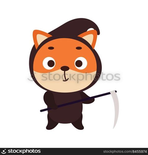 Cute little Halloween fox in a grim Reaper costume. Cartoon animal character for kids t-shirts, nursery decoration, baby shower, greeting card, invitation, house interior. Vector stock illustration