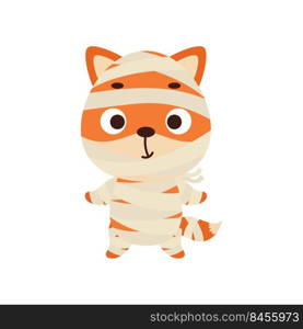 Cute little Halloween fox in a mummy costume. Cartoon animal character for kids t-shirts, nursery decoration, baby shower, greeting card, invitation, house interior. Vector stock illustration